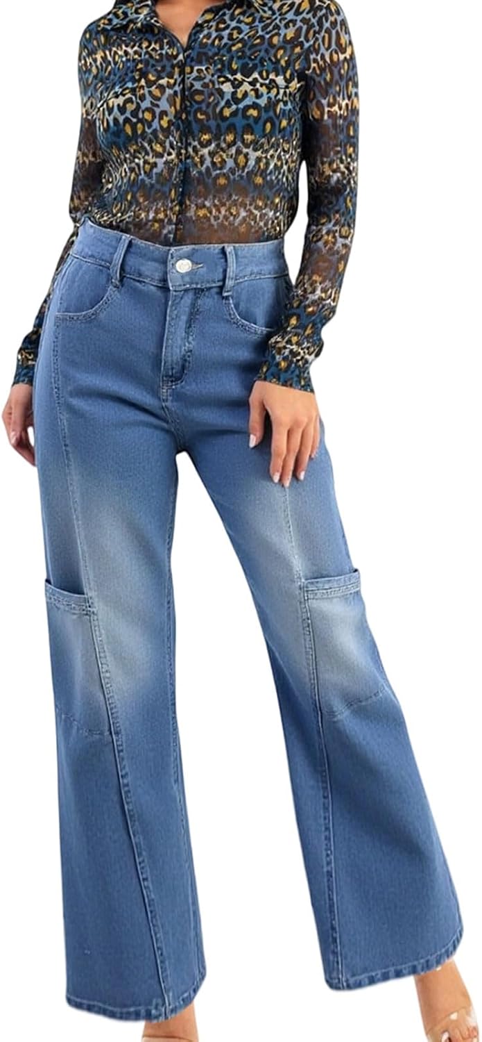 Women's high Waisted Wide Leg Workwear Jeans Fashion Pants Loose high Waisted Jeans Elastic Denim Pants