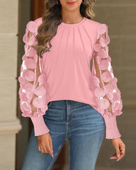 Womens Solid Round Neck Shirred Mesh Blouse Lantern Sleeve Sheer Top Casual Elegant Sweet Office Party Daily Wear