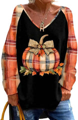 Women’s Pumpkin Season Print Casual V-Neck Loose T-Shirt Fall Shirts for Women Plaid Pumpkin Tshirt