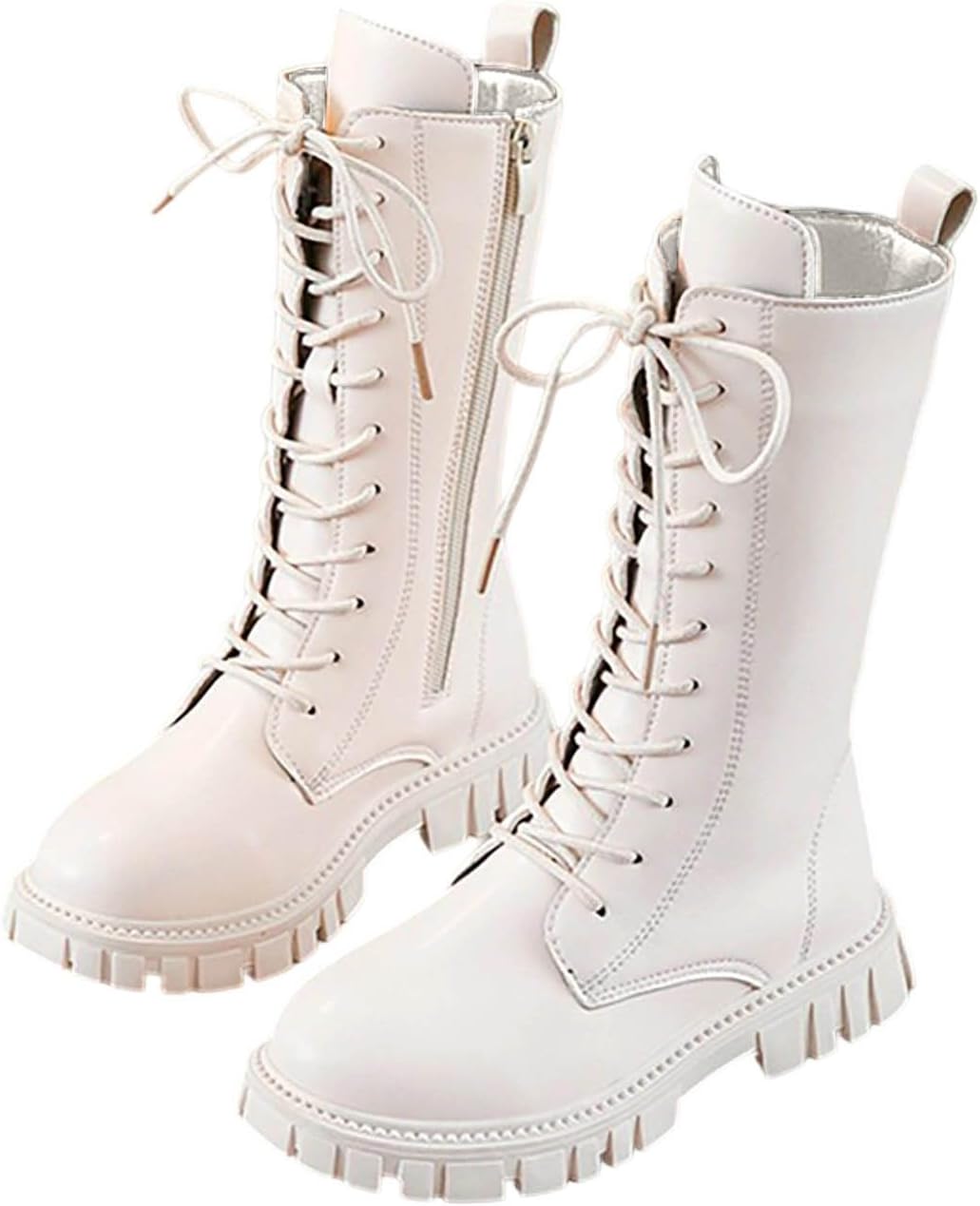 Girls Lace Up Riding Boots Winter Fleece Lined Lace Up Punk Booties Waterproof Mid Calf Combat Boots 4-11 Years