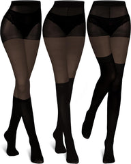 Jansun 3 Pairs Faux Thigh High Fishnet Stockings, Black Opaque Tights Women Fishnet Tights