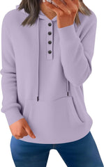 Women's Button Front Hoodie Long Sleeve Pullover with Drawstring and Kangaroo Pocket – Lightweight Casual Sweatshirt