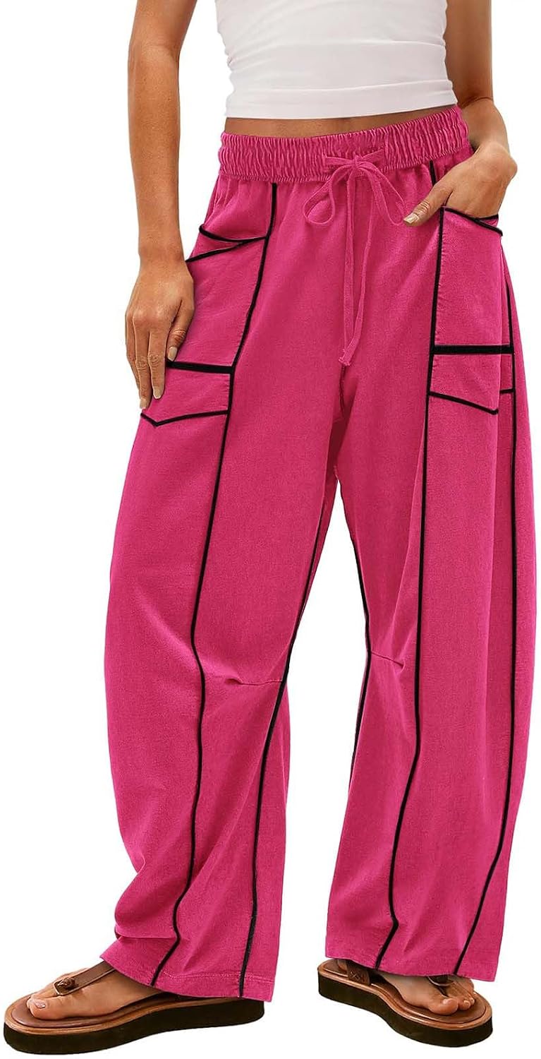 Womens Baggy Wide Leg Harem Pants Casual Summer Y2K Palazzo Pant Drawstring Elastic Waist Lounge Trouser with Pockets