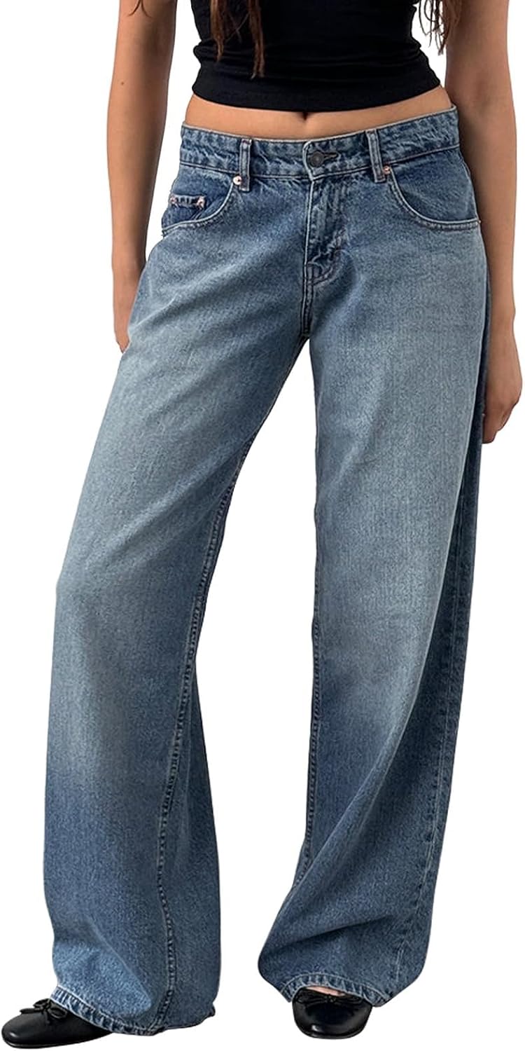 Womens Low Rise Jeans Trendy Y2K Baggy Straight Wide Leg Jeans Casual Loose Boyfriend Denim Pants