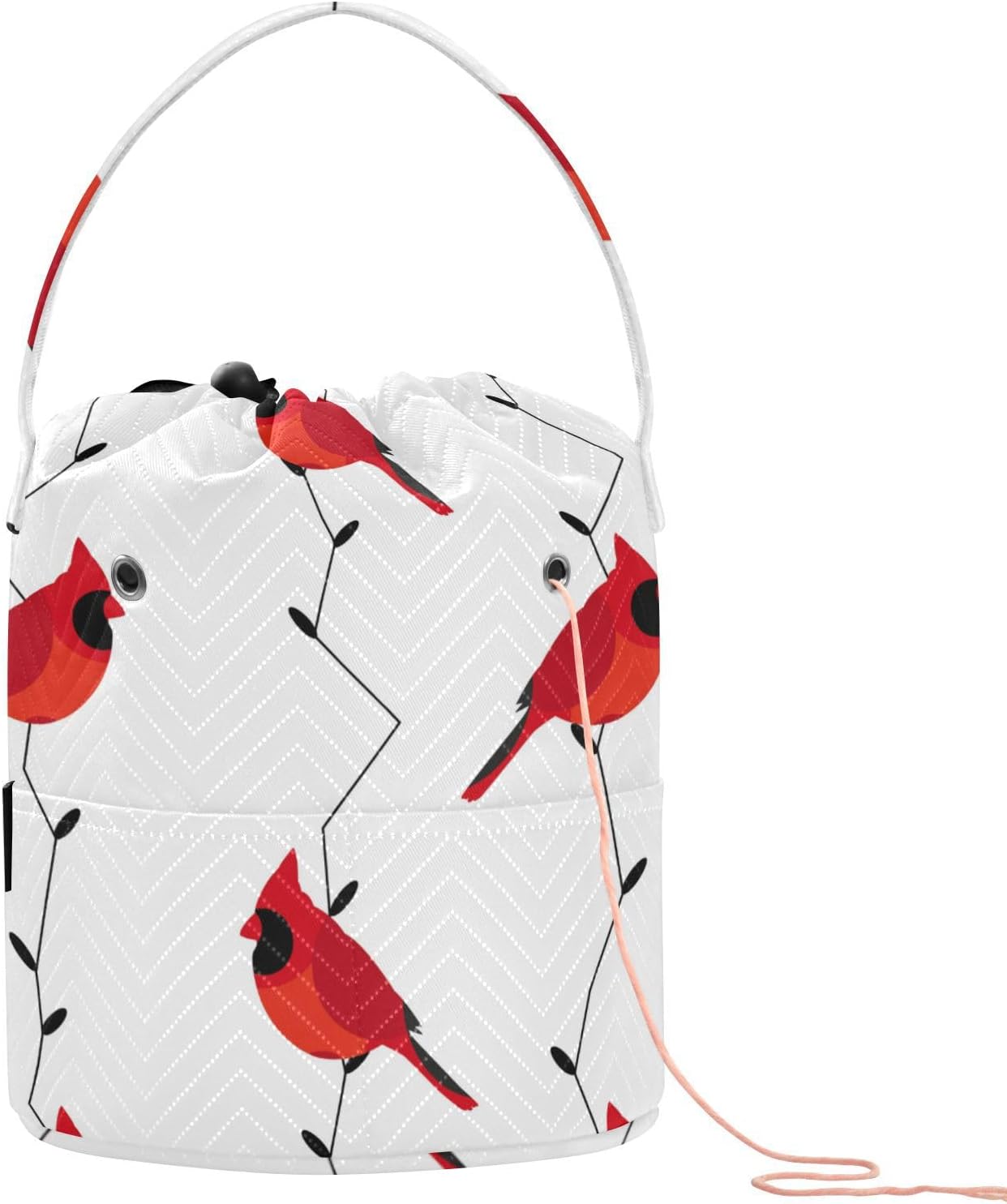 Yarn Storage Knitting Basket Bin, Polyester Crochet Bag 8.3x11 in Pockets Dividers Box Organizer with Handle Marble Moroccan Tiles Seamless Geometric Pattern White Lines
