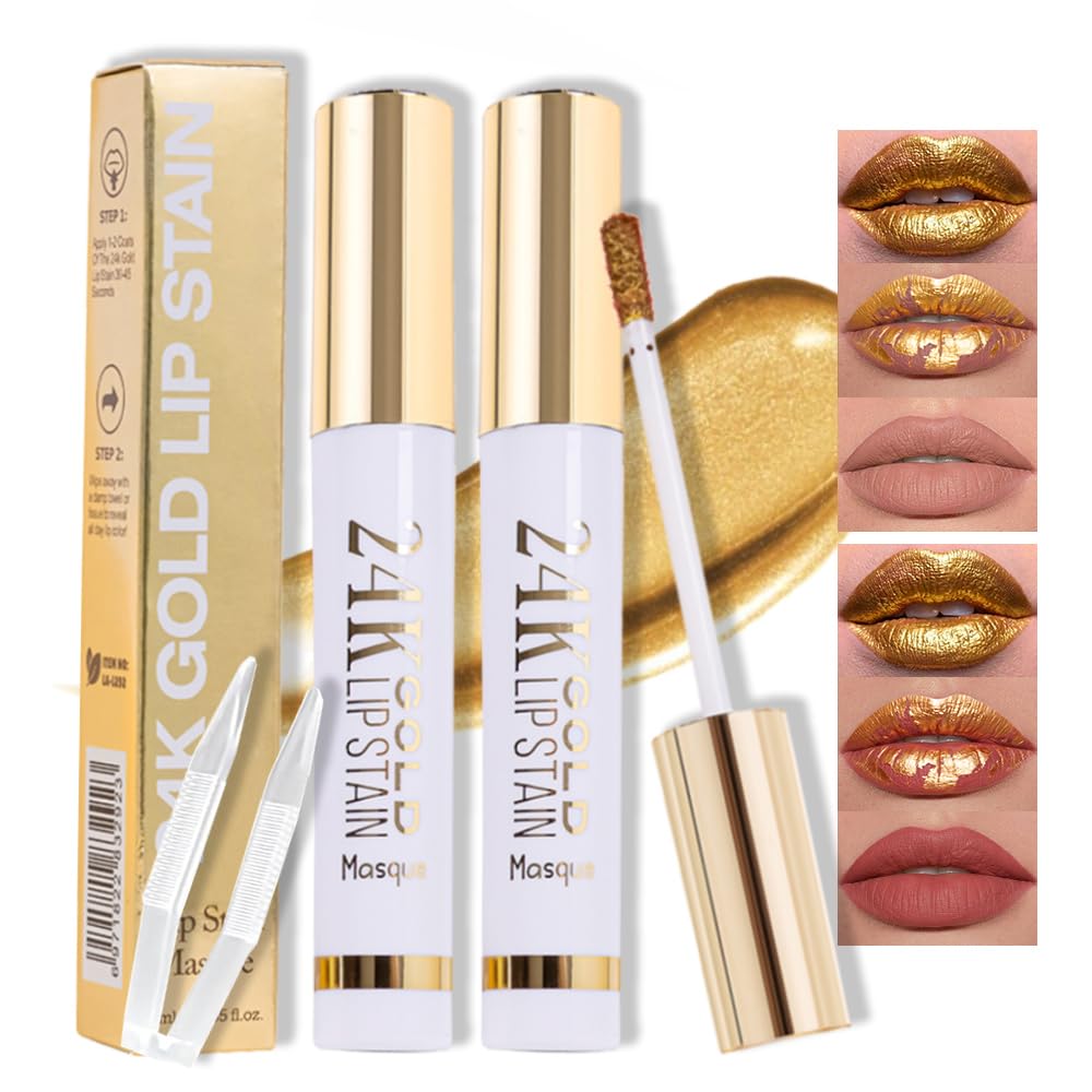 24K Gold Peel Off Matte Liquid Lip Gloss Stain-Lip Liner with Tweezer, Brownish Red Peel Off Lip Stain, Long Lasting & Waterproof Lipstick Tattoo, Transfer-Proof Lip Gloss for All Skin Types