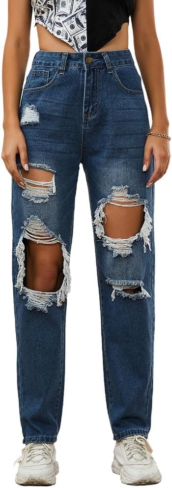 Women's Ripped Boyfriend Jeans High Waisted Casual Loose Distressed Straight Leg Denim Pants