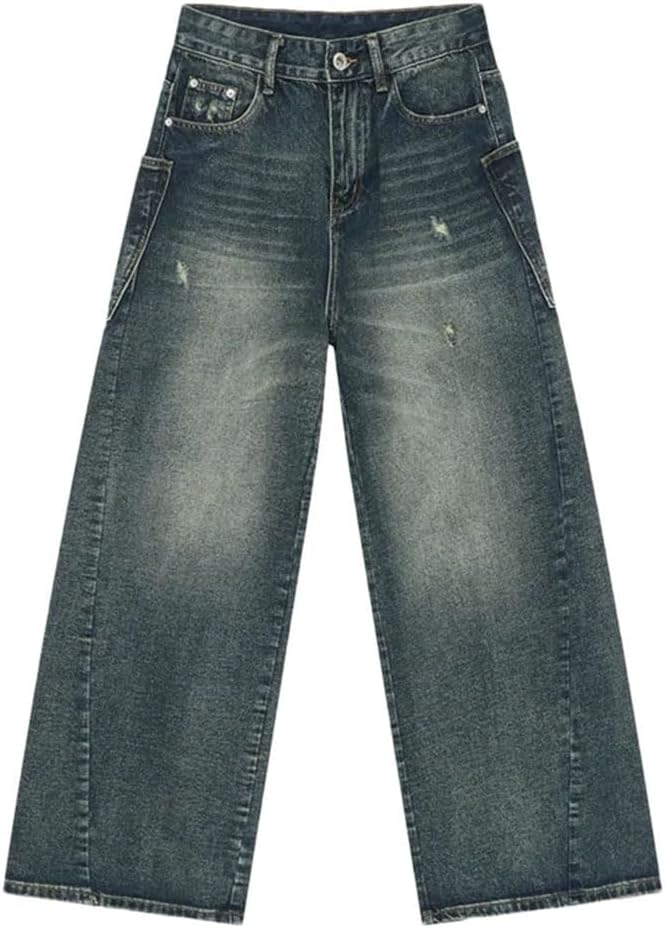 Men's American Style Denim Pants Worn-Out Big Pockets Droop Jeans Loose Straight Wide Leg Trousers