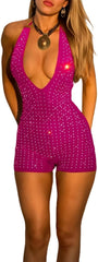 ECHOINE Women V Neck Sleeveless Romper Sequin Backless Shorts Jumpsuit Clubwear S-L