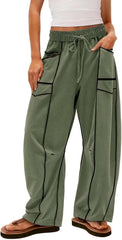 Barrel Sweatpants Women Baggy Drawstring High Waisted Wide Leg Lounge Pants with Pockets Casual Patchwork Trousers