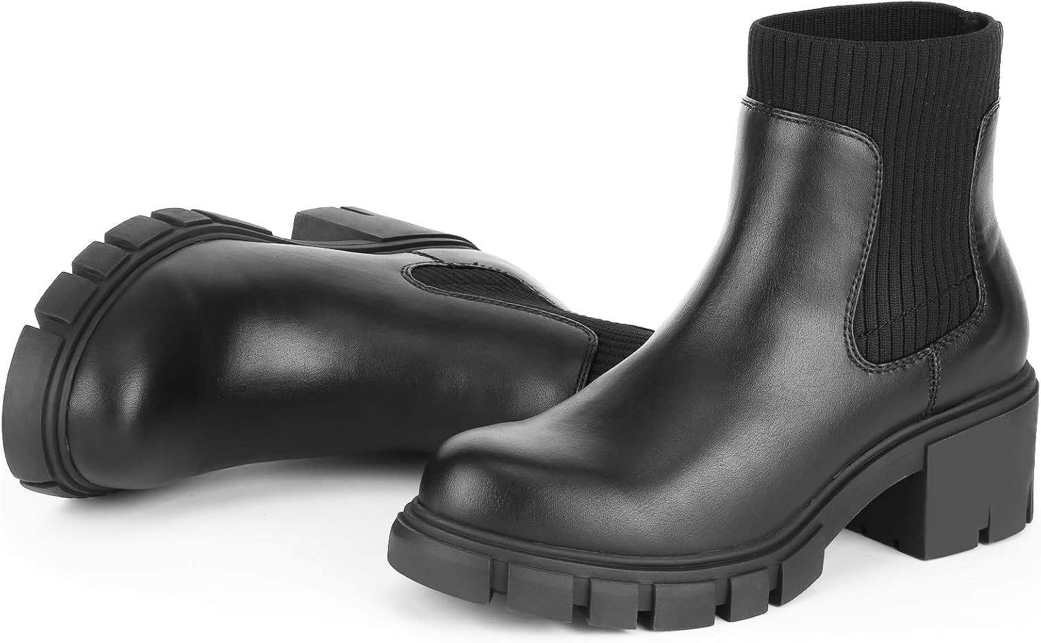 FITORY Womens Chelsea Boots, Elastic Ankle Booties with Chunky Mid Heel and Lug Sole, Comfy Trendy Slip on Shoes for Fall and Winter Size 6-11