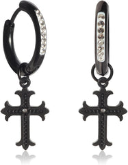 Stainless Steel Gothic Punk Dangle Cross 5A+ Cubic Zirconia Hypoallergenic Cross Hoop Cuff Huggie Drop Earrings For Men Women