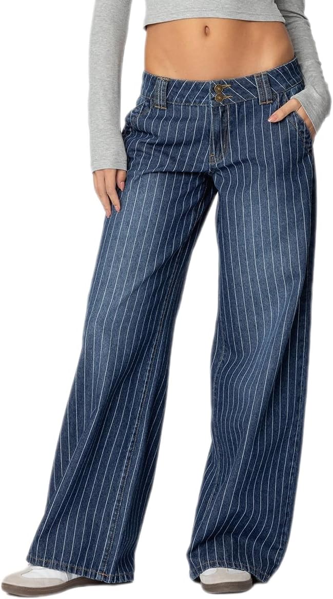 Women's Striped Low Rise Baggy Barrel Jeans Wide Leg Denim Pants