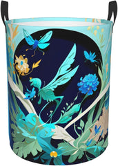 Blue Dragonfly Laundry Hamper, Freestanding Waterproof Clothes Hamper with Easy Carry Handles in Laundry Room Bedroom Bathroom