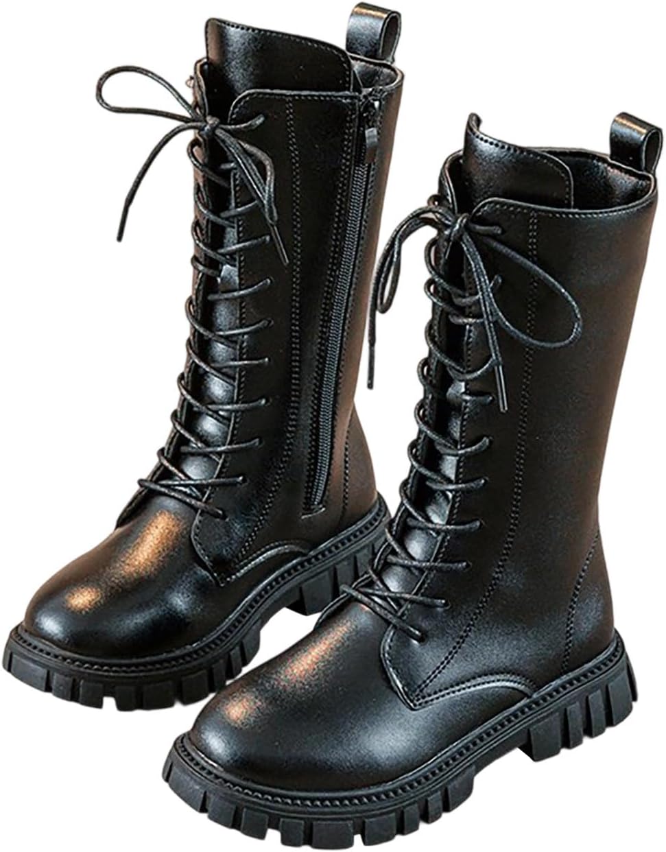 Girls Lace Up Riding Boots Winter Fleece Lined Lace Up Punk Booties Waterproof Mid Calf Combat Boots 4-11 Years