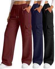Neer 3 Pack Women's Cargo Sweatpants Wide Leg Baggy Elastic Drawstring Pants Casual Cotton Athletic Joggers with 4 Pockets