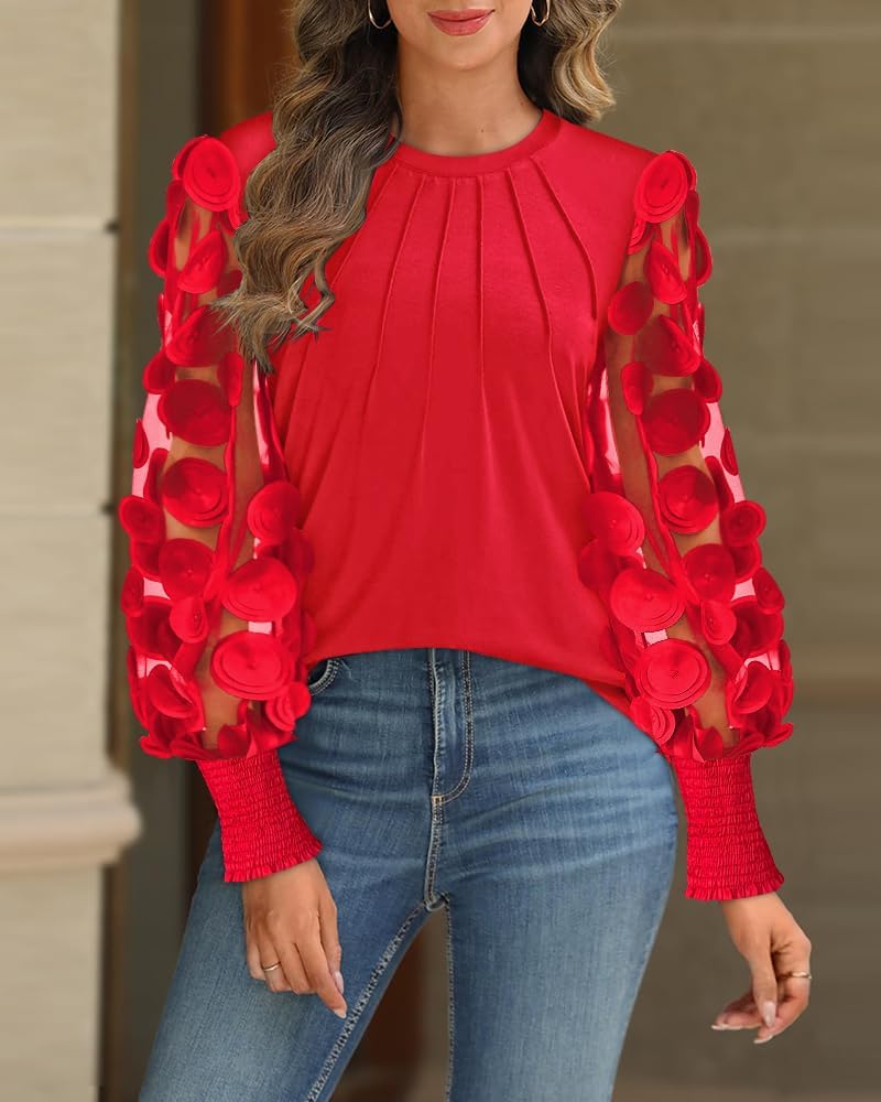 Womens Solid Round Neck Shirred Mesh Blouse Lantern Sleeve Sheer Top Casual Elegant Sweet Office Party Daily Wear