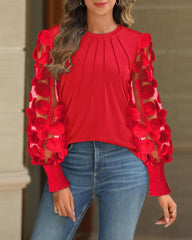 Womens Solid Round Neck Shirred Mesh Blouse Lantern Sleeve Sheer Top Casual Elegant Sweet Office Party Daily Wear