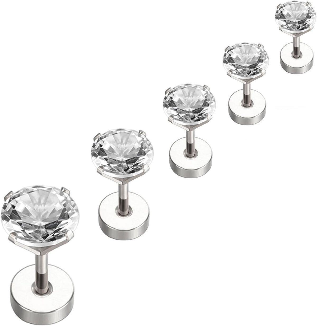 Stainless Steel Cubic Zirconia Stud Earrings Helix Cartilage Earrings Flat Back 3-7mm 5 Pairs