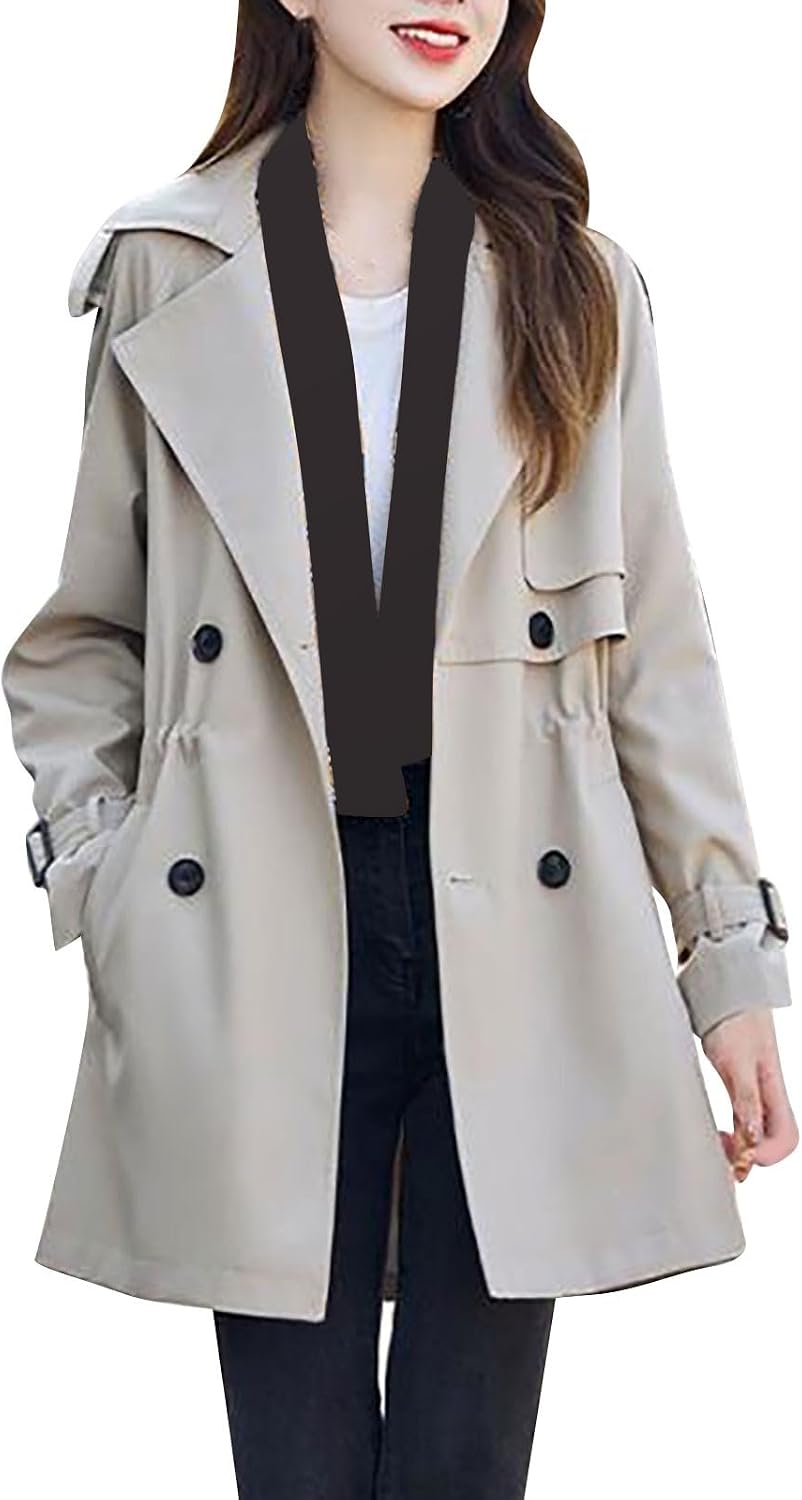 Women's Fall Casual Trench Coat Long Double Breasted Windbreaker Classic Belted Lapel Overcoat Midi Long Trench Coat