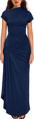YMDUCH Women's Casual Short Sleeve Boat Neck Ruched High Split Bodycon Long Party Dress