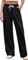 Quenteen Women's Wide Leg Pants Casual High Waisted Baggy Straight Sweatpants Drawstring Athletic Joggers with Pockets