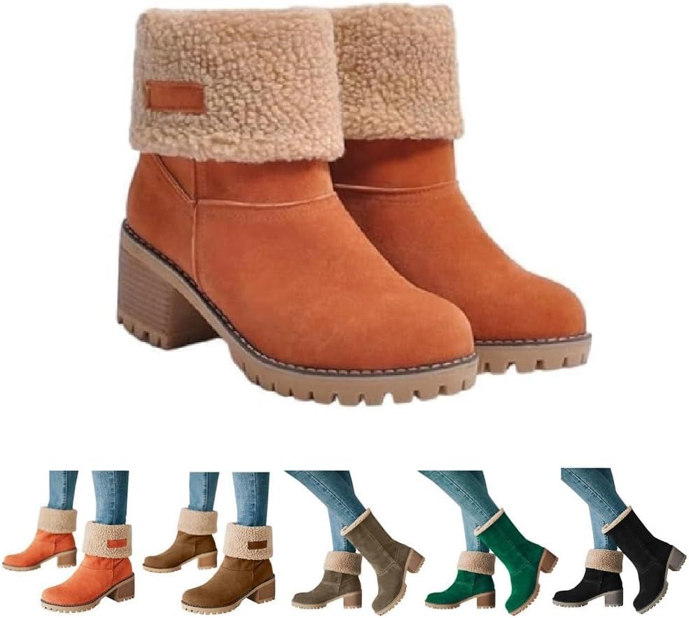 Winter Boots For Women 2025,Chunky Mid Heel Round Toe Fleece Lined Mid Calf Booties Comfortable Fashion Suede Warm Ankle Fur Lined Outdoor Winter Boots Shoes