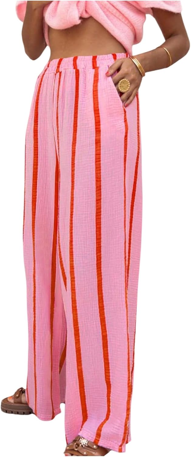 SHENHE Women's Summer Striped Wide Leg Pants Elastic High Waisted Casual Loose Pants Trousers