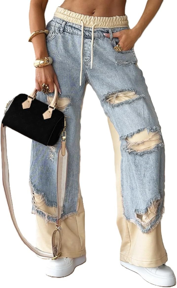 Womens Stitching Ripped Denim Trousers Drawstring Elastic Waist Wide Leg Jeans Casual Loose Denim Pant with Pockets