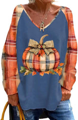 Women’s Pumpkin Season Print Casual V-Neck Loose T-Shirt Fall Shirts for Women Plaid Pumpkin Tshirt