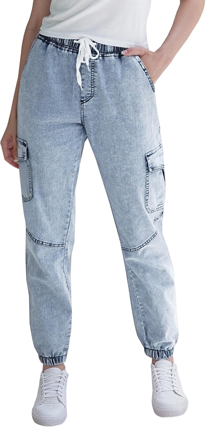 Women's Cargo Joggers Pants with Pockets - High Waisted Elastic Waist Jeans with Drawstring, Stretchy Comfort Fit
