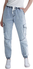 Women's Cargo Joggers Pants with Pockets - High Waisted Elastic Waist Jeans with Drawstring, Stretchy Comfort Fit