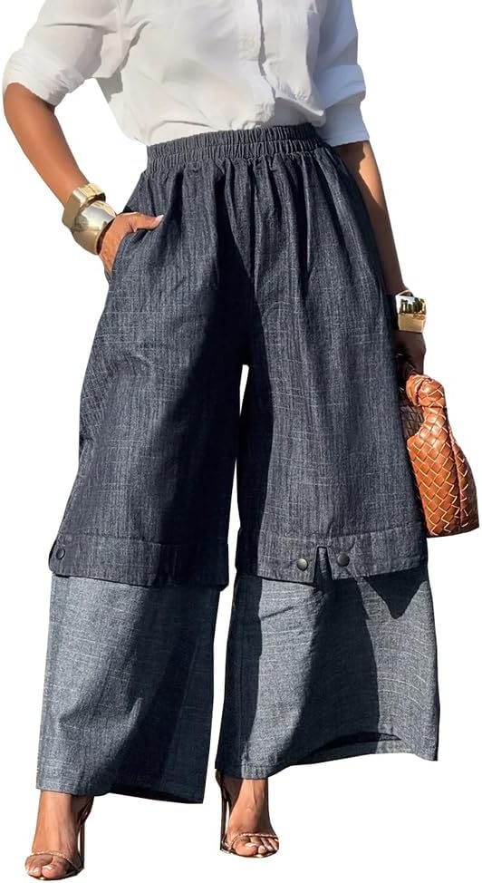 Women's Vintage Elastic Waist Wide Leg Jeans 90S Color Blocking Patchwork Barrel Denim Jeans