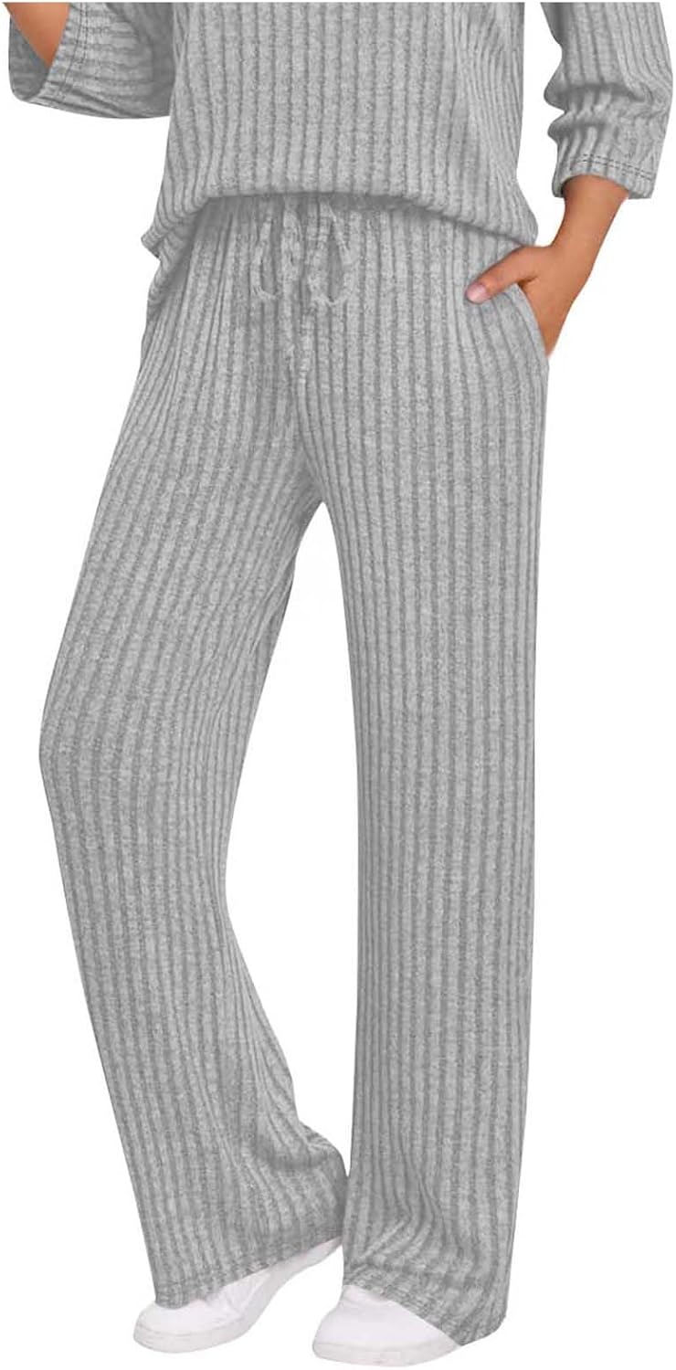 Womens Ribbed Knit Lounge Pants Elastic High Waist Loose Wide Leg Drawstring Pant Fall Comfy Solid Color Trousers