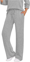 Womens Ribbed Knit Lounge Pants Elastic High Waist Loose Wide Leg Drawstring Pant Fall Comfy Solid Color Trousers