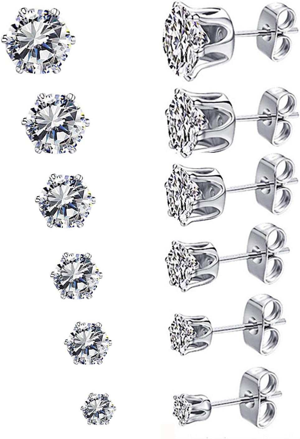 6 Pairs Stud Earrings Set, Cubic Zirconia Stainless Steel Earrings for Women Men 3-8mm