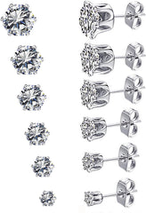 6 Pairs Stud Earrings Set, Cubic Zirconia Stainless Steel Earrings for Women Men 3-8mm