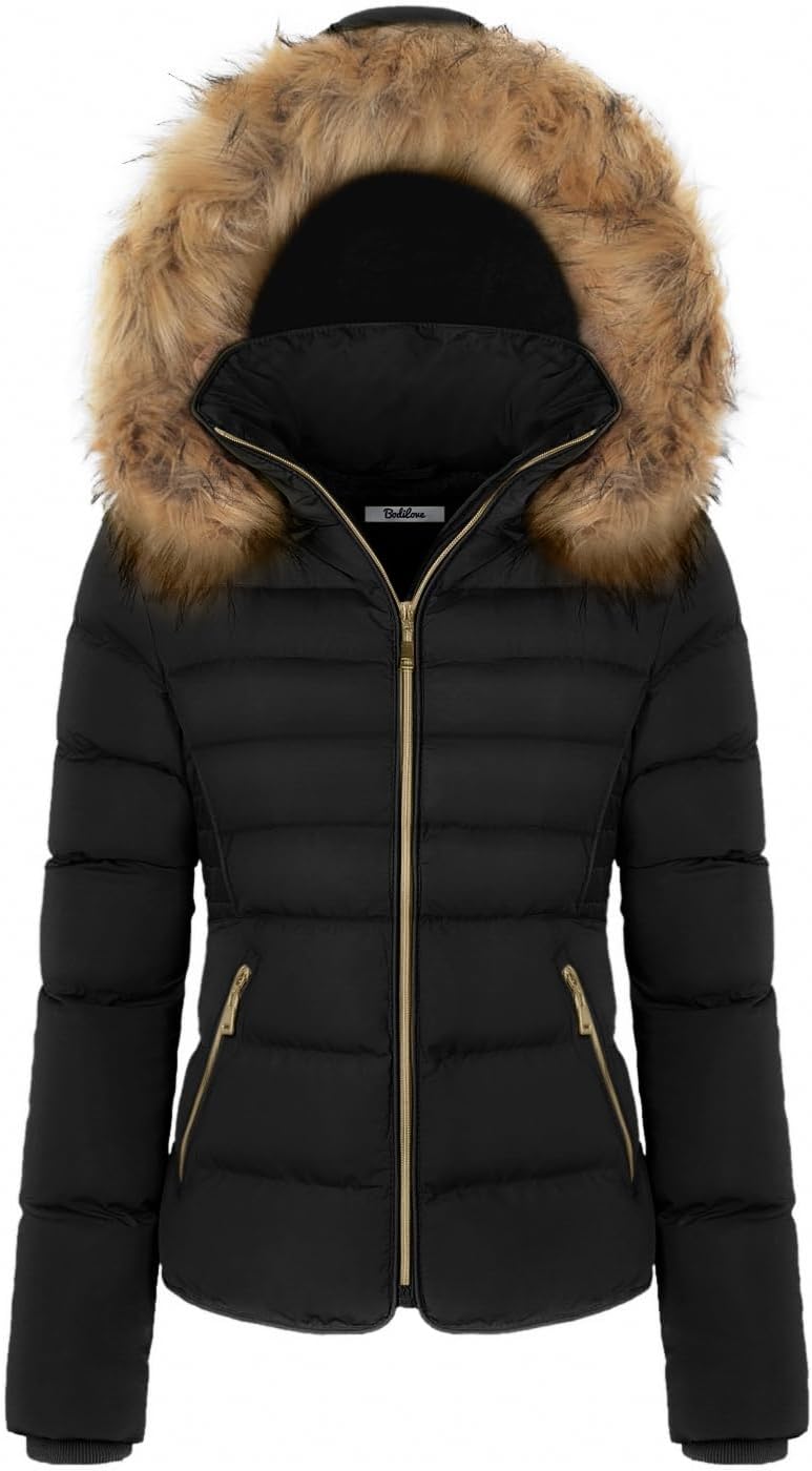 BodiLove Women's Fur Hooded Utility Jacket With Zipper and Fannel Lining