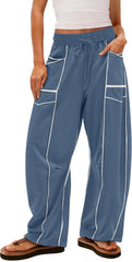Barrel Sweatpants Women Baggy Drawstring High Waisted Wide Leg Lounge Pants with Pockets Casual Patchwork Trousers