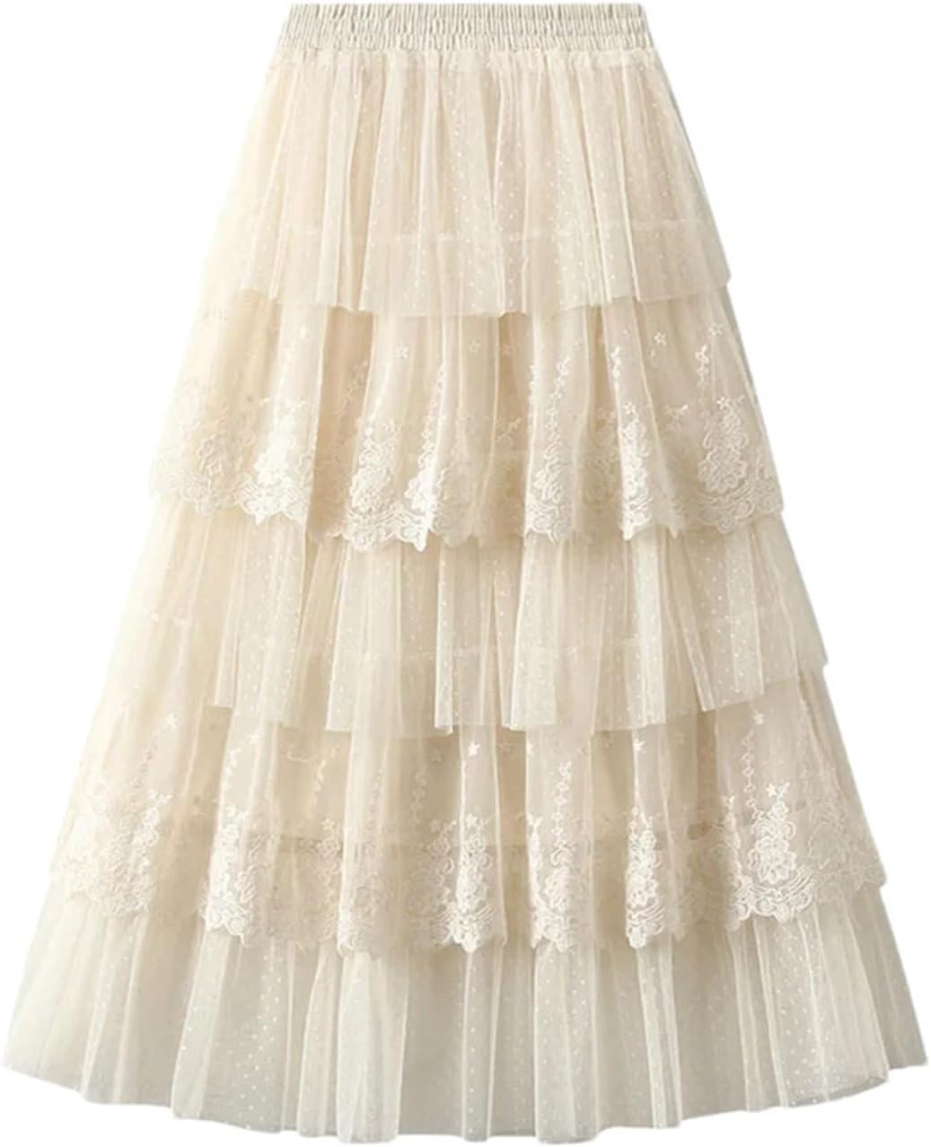 Women's High Waist Cake Skirt Mesh Long Summer Pleated Lace Stitching Skirt