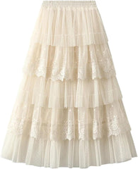 Women's High Waist Cake Skirt Mesh Long Summer Pleated Lace Stitching Skirt