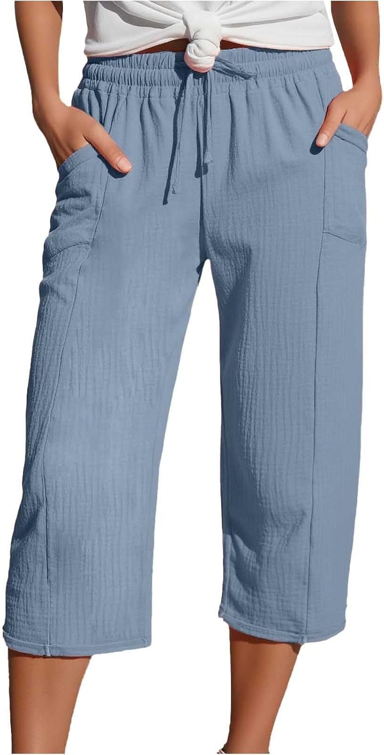 Linen Pants Women 2025 Trendy Capri Pants Summer Wide Leg Pant Drawstring Loose Palazzo Pant Casual Capris