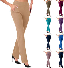 Pull On Dress Pants for Women Business Casual Office Trousers High Waisted Wide Leg Stretchy Bootcut Flare Pants with Pockets