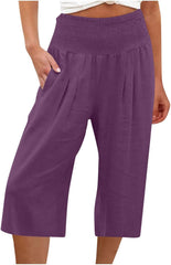 Cotton Cropped Pants for Women Casual Loose Fit Wide Leg Capri Plus Size Soft Elastic Waist Trousers with Pockets