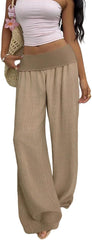Womens Casual Pants Linen Elastic Waistband Low Waist Wide Leg Loose Summer Trousers with Pockets