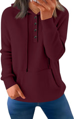 Women's Button Front Hoodie Long Sleeve Pullover with Drawstring and Kangaroo Pocket – Lightweight Casual Sweatshirt