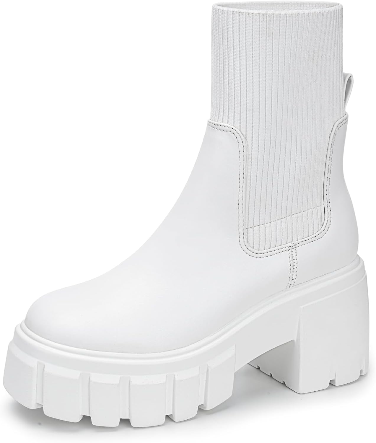 FITORY Womens Chelsea Boots, Elastic Ankle Booties with Chunky Mid Heel and Lug Sole, Comfy Trendy Slip on Shoes for Fall and Winter Size 6-11