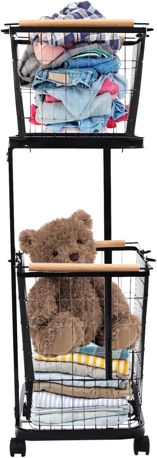 2-Tier Laundry Basket with 2 Removable Baskets and 4 Universal Wheels, Metal Laundry Cart Dirty Clothes Hamper, Rolling Storage Cart Ideal for Bathroom & Laundry Room, 15.75 * 11.42 * 37in