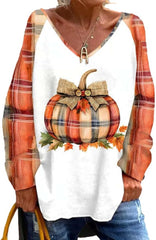 Women’s Pumpkin Season Print Casual V-Neck Loose T-Shirt Fall Shirts for Women Plaid Pumpkin Tshirt