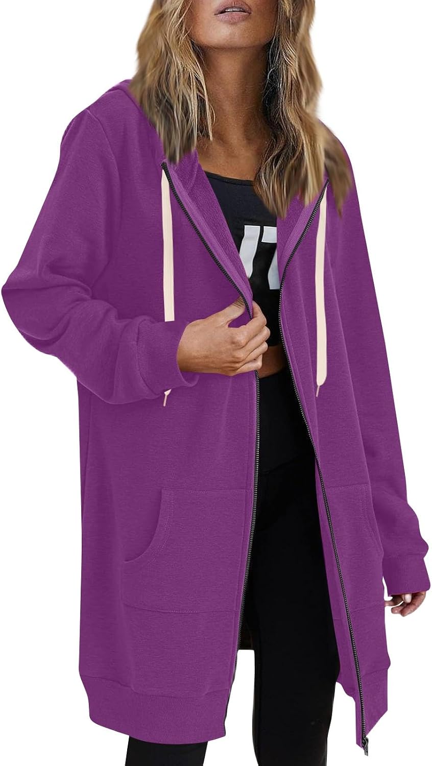 Long Zip Up Jackets for Women Trendy Casual Loose Fit Oversized Hoodie Plain Tunic Sweat Shirts Comfort Trench Coat